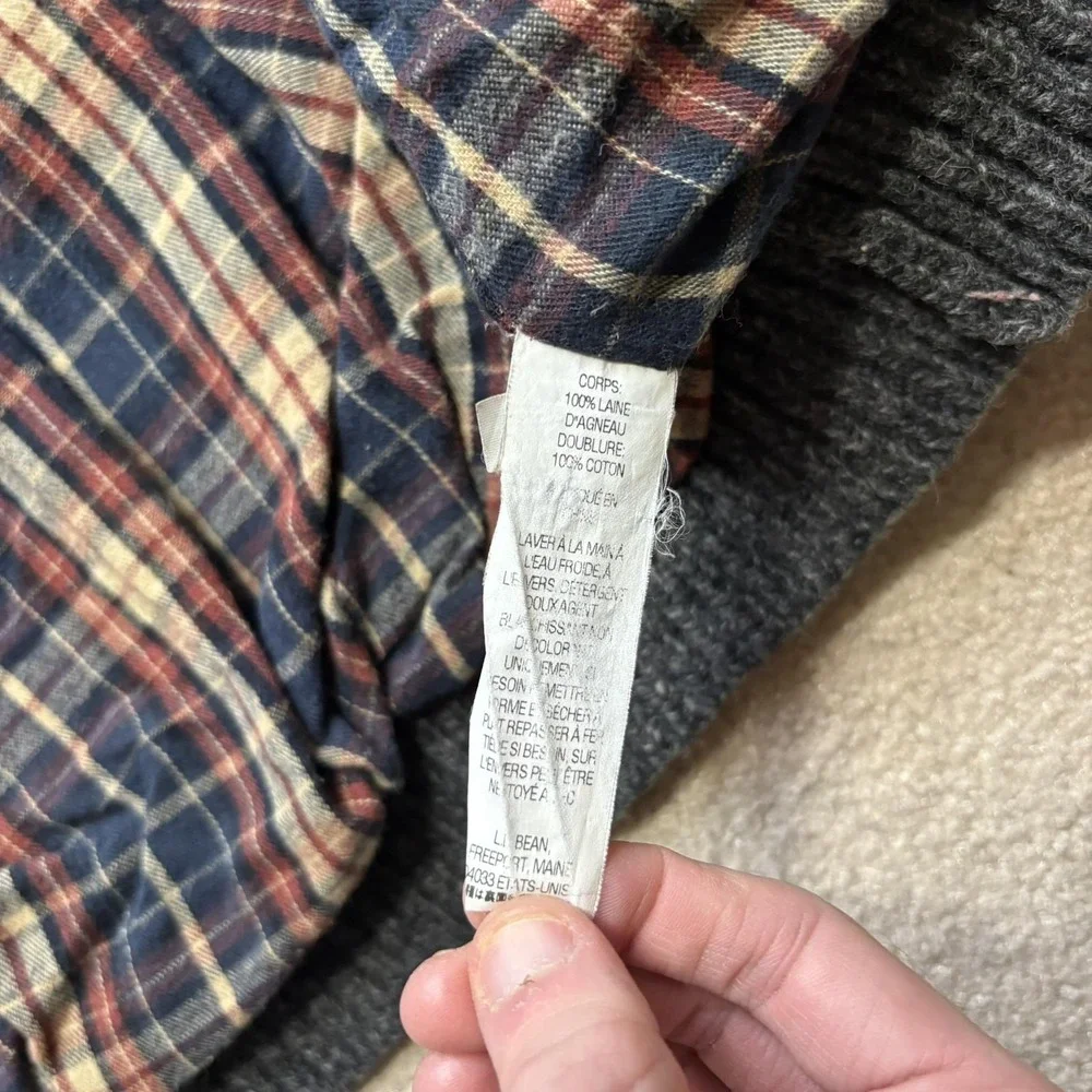 L.L.Bean Sweater LT 20x26 Gray‎ Lambswool Full Zip Mock Neck Plaid Lined Warm